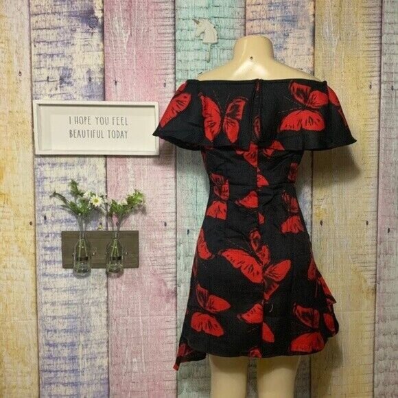 Womens Fashion Butterfly Printed Off Shoulder Dresses Ruffled Asymmetrical Dress - Picture 2 of 7